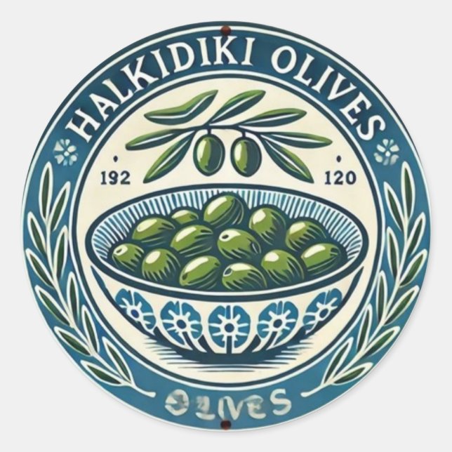 Pegatina Redonda Blue Bowl Greek Olive Picture Design (Anverso)