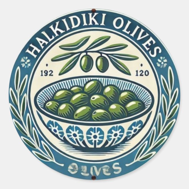 Pegatina Redonda Blue Bowl Greek Olive Picture Design (Anverso)