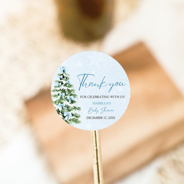 Pegatina Redonda Blue Bows Christmas Tree Chica Winter Baby Shower (Subido por el creador)