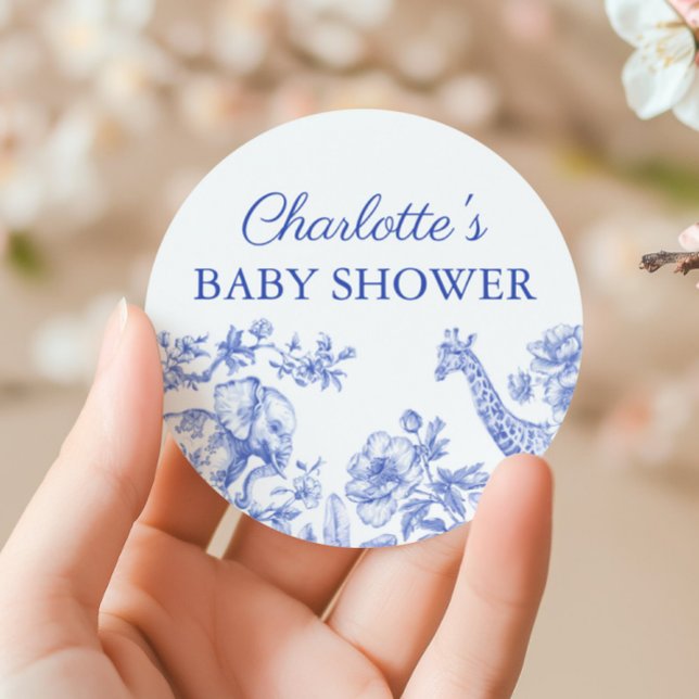Pegatina Redonda Blue Boy Baby Shower Safari Toile de Jouy (Blue Boy Baby Shower Safari Toile de Jouy Classic Round Sticker)