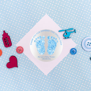 Pegatina Redonda Blue Boy Purpurina Feet Baby Shower Favor Gracias