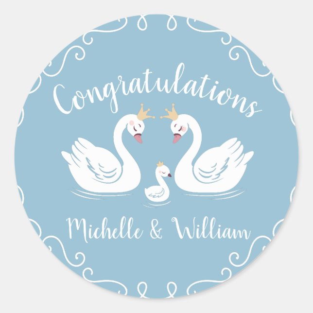 Pegatina Redonda Blue Boy Swan Baby Shower (Anverso)