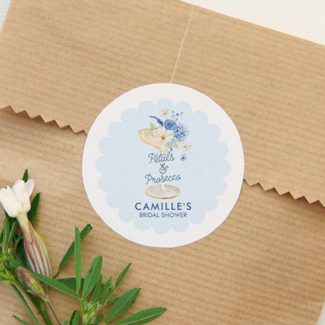 Pegatina Redonda Blue Bubbly Brillain Shower (Blue Petals and Prosecco round sticker
)