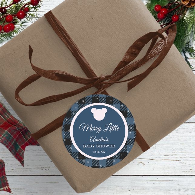 Pegatina Redonda Blue Buffalo Plaid Bear Baby Shower Sticker (Subido por el creador)