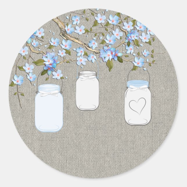Pegatina Redonda Blue Burlap Mason Jar (Anverso)