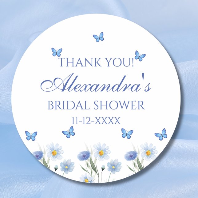 Pegatina Redonda Blue Butfly Wildflower Bridal Shower (Subido por el creador)
