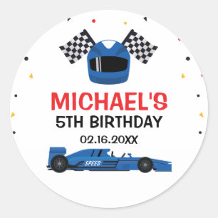 Pegatina Redonda Blue Car Racing Birthday