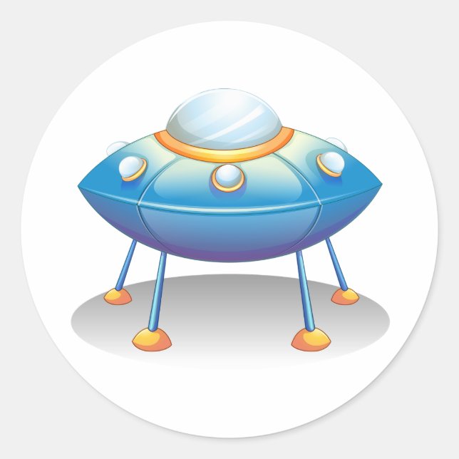 Pegatina Redonda Blue Cartoon UFO Spaceship Fun Sci-Fi (Anverso)