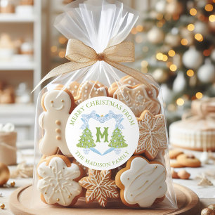 Pegatina Redonda Blue Chinoiserie Escudo Monograma de árbol de Navi