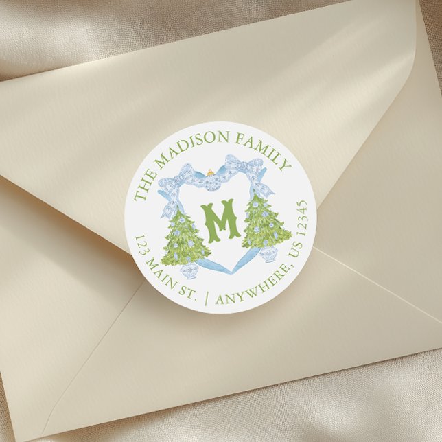 Pegatina Redonda Blue Chinoiserie Escudo Monograma de árbol de Navi (Subido por el creador)