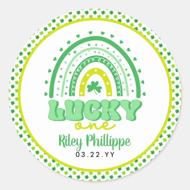 Pegatina Redonda Blue Clover & Rainbow Lucky One First Birday (Anverso)