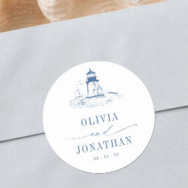 Pegatina Redonda Blue Coastal Toile Lighthouse Wedding