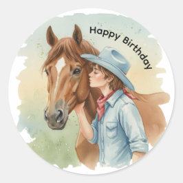Pegatina Redonda Blue Cowboy Kissing a Horse Birthday Party