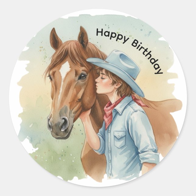 Pegatina Redonda Blue Cowboy Kissing a Horse Birthday Party (Anverso)