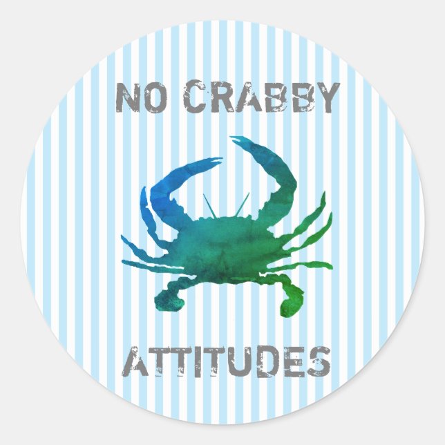 Pegatina Redonda Blue Crab Nautical No Crabby Attitudes (Anverso)