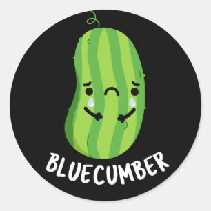 Pegatina Redonda Blue-cumber Funny Sad Veggie Cucumber Pun Dark BG