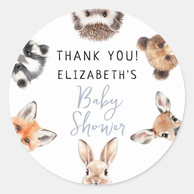 Pegatina Redonda Blue Cute Watercolor Woodland Animals Baby Shower (Anverso)