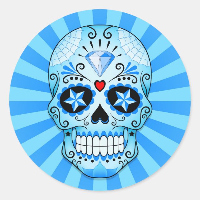Pegatina Redonda Blue Diamond Sugar Skull (Anverso)