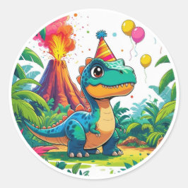 Pegatina Redonda Blue Dino Birthday Sticker 