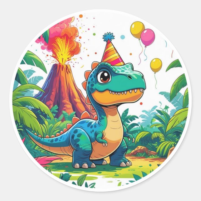 Pegatina Redonda Blue Dino Birthday Sticker  (Anverso)