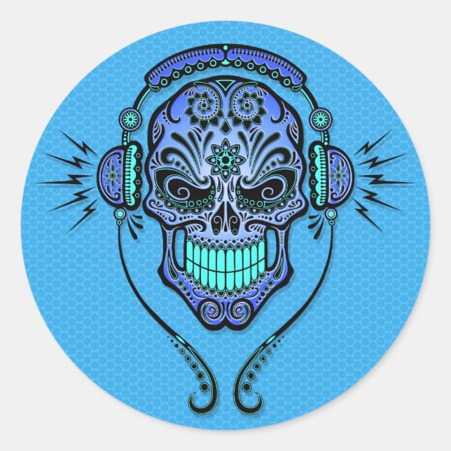 Pegatina Redonda Blue DJ Sugar Skull (Anverso)