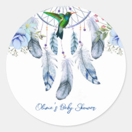 Pegatina Redonda Blue Dreamcatcher Hummingbird Boy Baby Shower