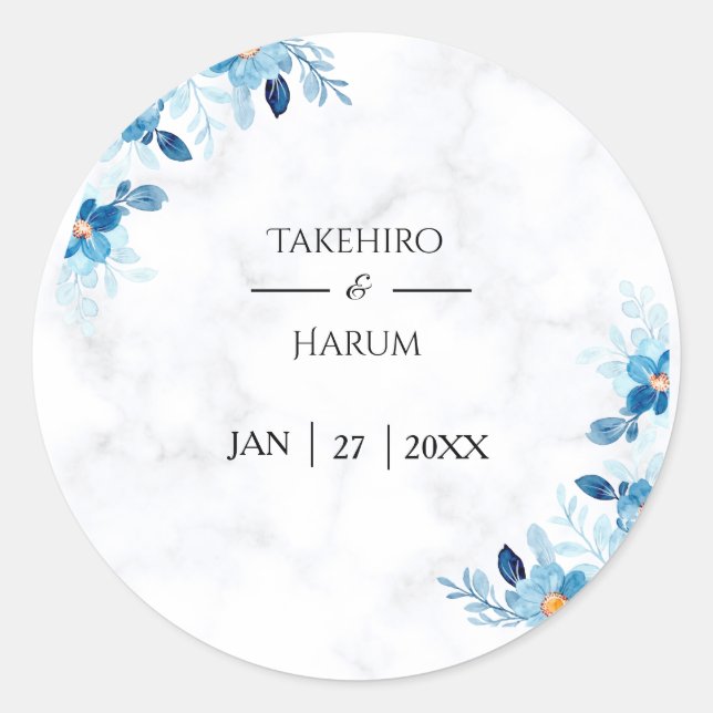 Pegatina Redonda Blue Elegant flower summer wedding (Anverso)