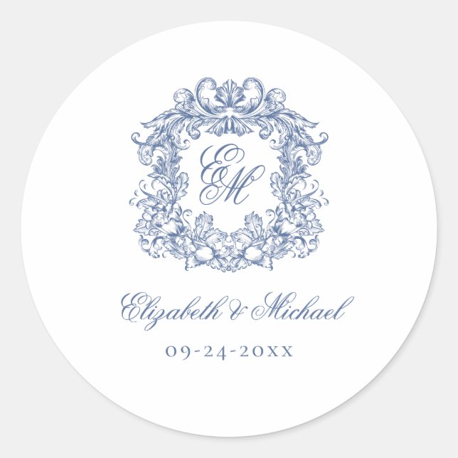 Pegatina Redonda Blue Elegant Vintage Monogram Crest Wedding (Anverso)