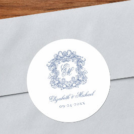 Pegatina Redonda Blue Elegant Vintage Monogram Crest Wedding