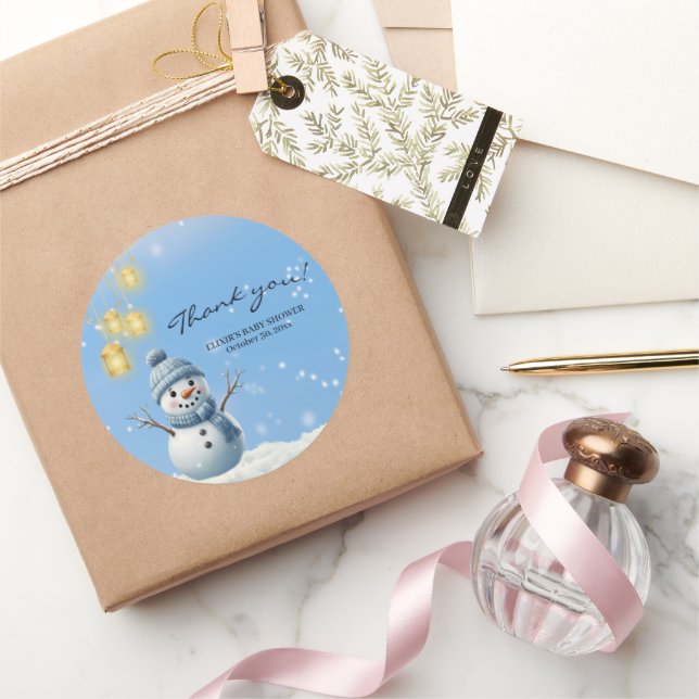 Pegatina Redonda Blue Elegant Whimsical Winter Snowman Baby Shower (Regalar)