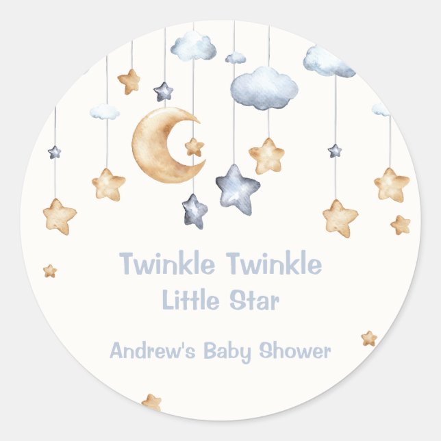 Pegatina Redonda Blue Elegle Twinkle Twinkle Baby Shower (Anverso)