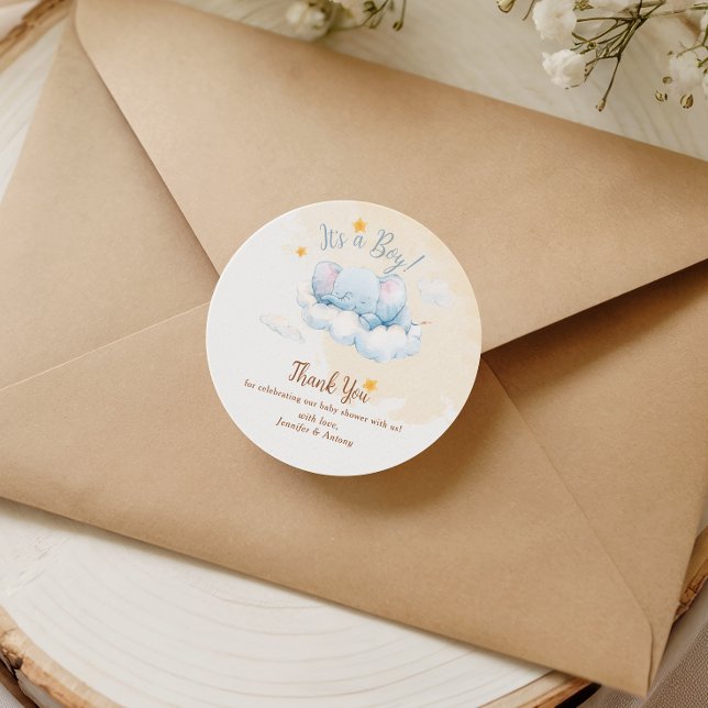 Pegatina Redonda Blue Elephant Baby Shower Thank You It's a Boy (Subido por el creador)