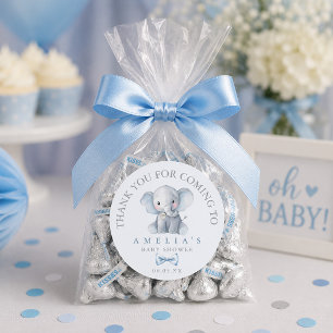Pegatina Redonda Blue Elephant Blue Baby Shower Agradecimiento