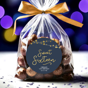 Pegatina Redonda Blue Faux Gold Strings of Lights Sweet 16 Cumpleañ