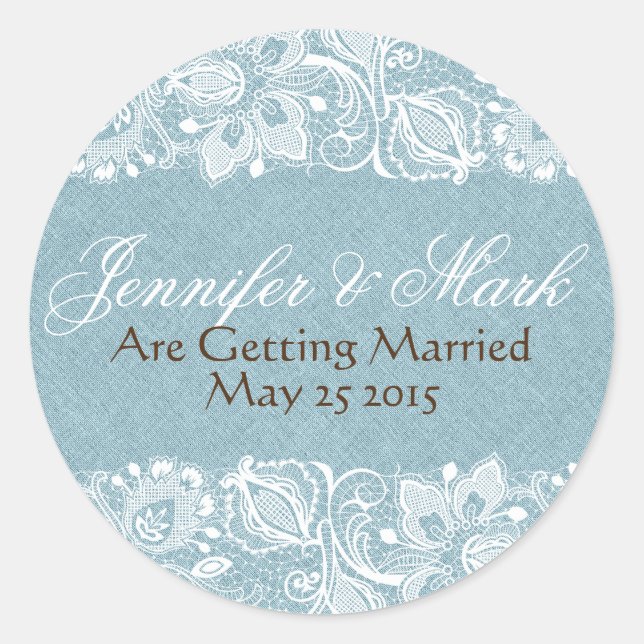 Pegatina Redonda Blue Faux Linen Burlap & White Floral Lace (Anverso)