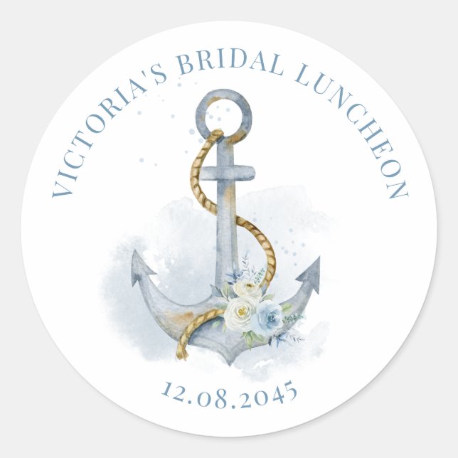Pegatina Redonda Blue Floral Anchor Nautical Bridal Luncheon (Anverso)