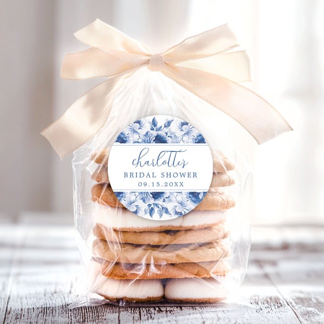 Pegatina Redonda Blue Floral Bridal Shower (Subido por el creador)