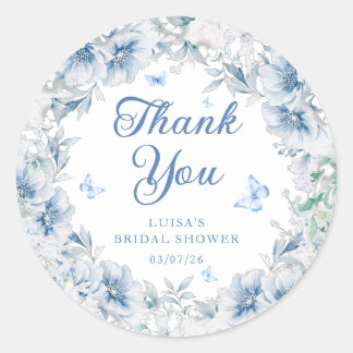 Pegatina Redonda Blue Floral Butterfly Bridal Shower Thank You