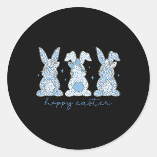 Pegatina Redonda Blue Floral Chinoiserie Happy Easter Three Bunny C