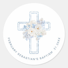 Pegatina Redonda Blue Floral Cross Baptism