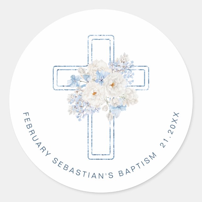 Pegatina Redonda Blue Floral Cross Baptism (Anverso)