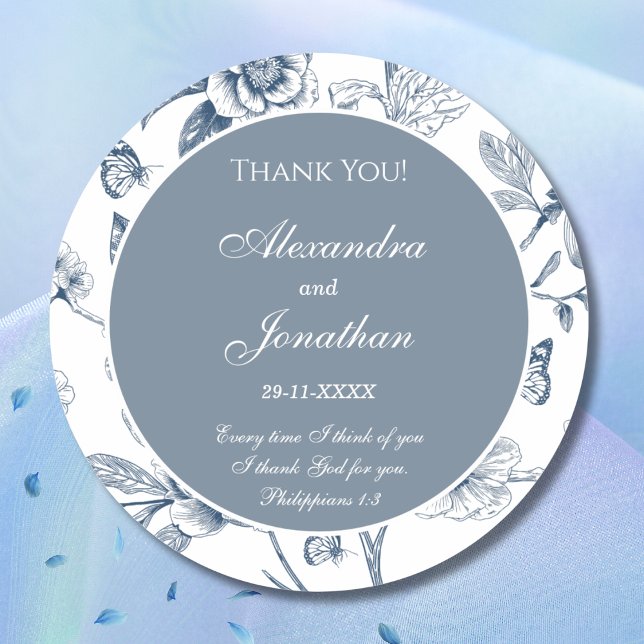 Pegatina Redonda Blue Floral French Christian Wedding Thank You (Subido por el creador)