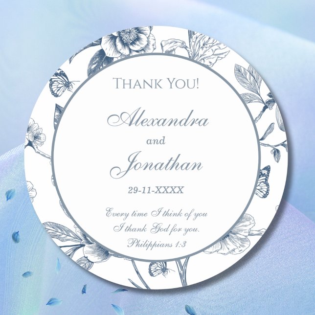 Pegatina Redonda Blue Floral French Christian Wedding Thank You (Subido por el creador)