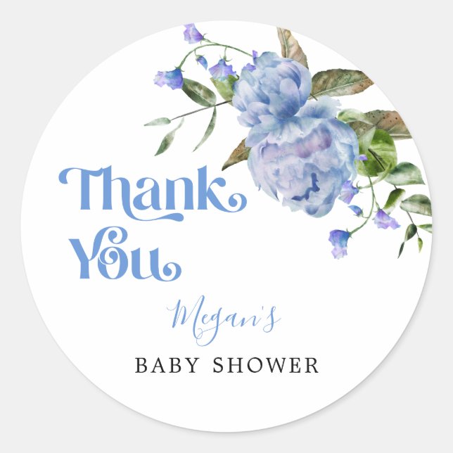 Pegatina Redonda Blue Floral Garden Baby Shower Favor (Anverso)