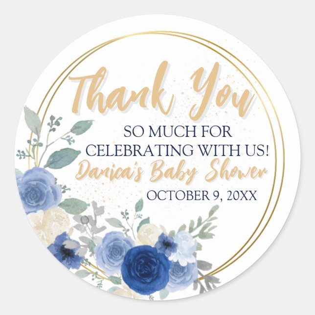 Pegatina Redonda Blue Floral & Gold Classic RounSticker Classic (Anverso)