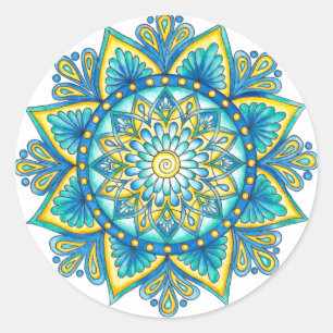 Pegatina Redonda Blue Floral Mandala Turquoise amarillo
