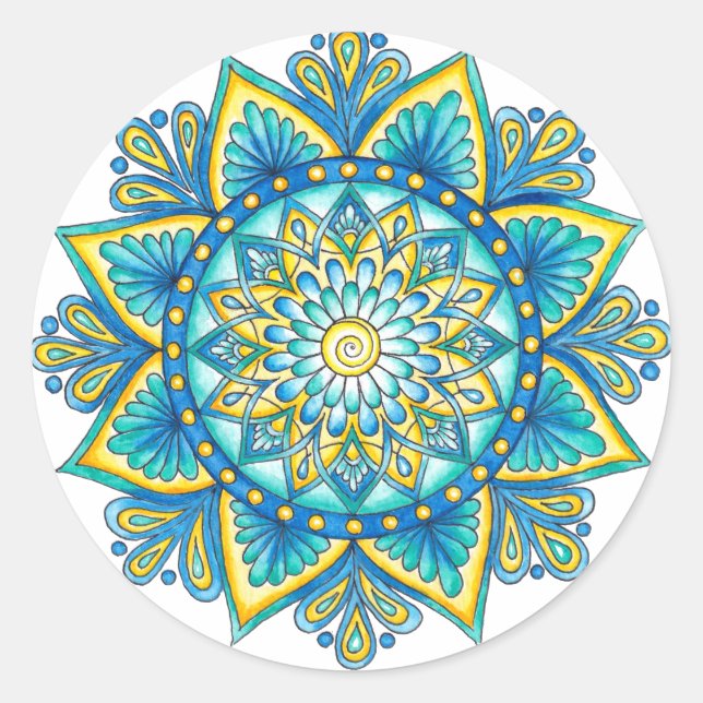 Pegatina Redonda Blue Floral Mandala Turquoise amarillo (Anverso)