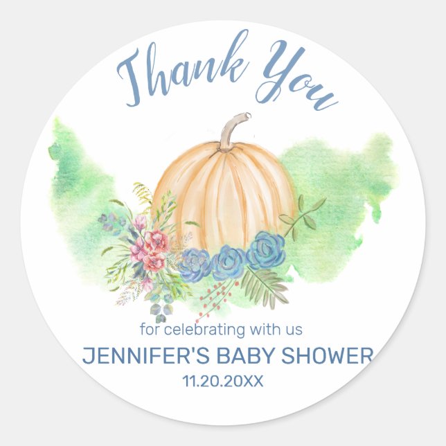 Pegatina Redonda Blue Floral Pumpkin Baby Shower Gracias (Anverso)