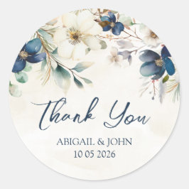 Pegatina Redonda Blue Floral Thank You Winter Wedding Favor Tag