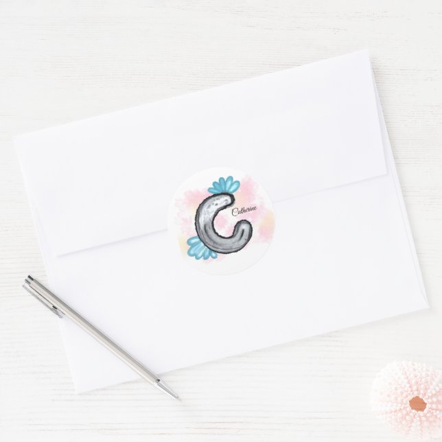 Pegatina Redonda Blue Floral Watercolor Letter C (Sobre)